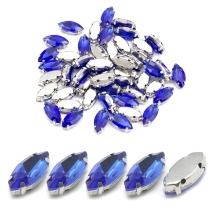 Dżety do Przyszycia w Koszyczku, Szkło i Mosiężne, Królewski Niebieski, 15x7x5mm, Otwór 0.8-1mm, 10szt (13WB32511)