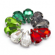 Dżety do Przyszycia, w Koszyczku, Szkło i Mosiądz, Kropla, Mix, 12.5x8x5mm, otwor 0.8-1mm, 10szt (13WB32709)