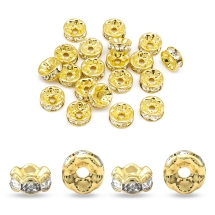 Koraliki Przekładki z Cyrkoniami, Klasa A, Mosiężne, Gładka Krawędź, Rondel, Złoto/Kryształ, 8x3.8mm, 20szt (13WB32872)