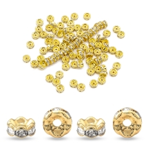 Koraliki Przekładki z Cyrkoniami, Klasa A, Mosiężne, Krawędź Gładka, Rondel, Złoto i Kryształ, 6x3mm, 100szt (13WB32874)