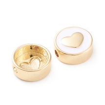 Koraliki Mosiężne i Emaliowane z Sercem, Płaski Okrągły, Powłoka Odporna, Pozłacane 18K, 11x5mm, Otwór: 1.8mm 2szt (13WB32834)