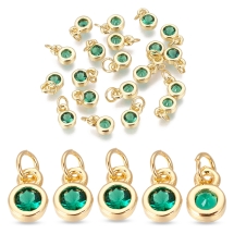 Zawieszka Wisiorek Płaski Okrągły, Mosiądz i Circonia, Złoty/Zielony, 6.5x4.5x2mm, 20szt (13WB32910)