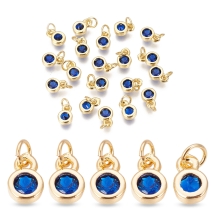 Wisiorek Płaski Okrągły, Mosiądz i Circonia, Złoty/Niebieski, 6.5x4.5x2mm, 20szt (13WB32913)