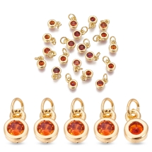 Wisiorek Płaski Okrągły, Mosiądz i Circonia, Złoty/Pomarańczowy, 6.5x4.5x2mm, 20szt (13WB32915)