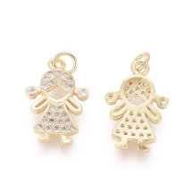 Wisiorek Zawieszka Dziewczyna, Mosiądz z Circonia, Złoty, Bezbarwny, 16x10x2mm, Otwór 2mm, 2szt (13WB32918)