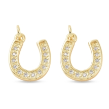 Wisiorek Zawieszka Podkowa, Mosiądz z Circonia, Złoty, Bezbarwny, 15x12x2mm, Otwór 2.8mm, 2szt (13WB32933)