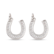 Wisiorek Zawieszka Podkowa, Mosiądz z Circonia, Platynowy, Bezbarwny, 15x12x2mm, Otwór 2.8mm, 2szt (13WB32934)