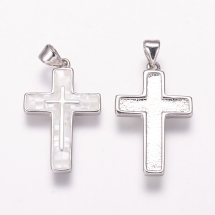 Кулон Натуральний Річковий Перламутр, Хрест, Білий, Фурнітура латунь, Платина, 26х16х2.5мм, Отвір 3.5х5мм, (13WB32980)