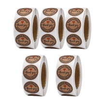 Naklejki, Nalepki "Thank you" Papier Kraft, Drewniany, 25mm, 500szt/rolka, 5 rolek (13WB33343)