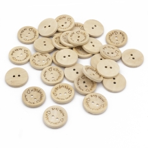 Guziki Ozdobne Drewniane "Handmade with love" do Rękodzieła, 2-otwory, Okrągły, Beżowy, 25mm, 100szt (13WB33396)