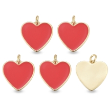 Zawieszka Wisiorek Serce, Mosiądz Emaliowana, Trwała Powłoka, Pozłacany 18K, Czerwony, 17x7x2mm, 5szt (13WB33388)
