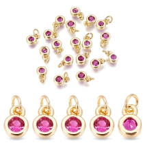 Wisiorek Płaski Okrągły, Mosiądz i Circonia, Złoty/Purpurowy, 6.5x4.5x2mm, 20szt (13WB32911)