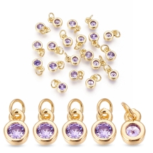 Wisiorek Płaski Okrągły, Mosiądz i Circonia, Złoty/Liliowy, 6.5x4.5x2mm, Otwór 2.5-3mm, 20szt (13WB32912)