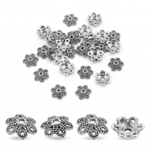 Nakładki na Koraliki, Tybetański Styl, Kwiat, 6 Płatków, Stop, Antyczne Srebro, 9.5x10x3mm, 30szt/opakowanie (5WB7712)