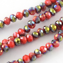 Намистини Гальваніка Скло АВ-Колір, напів, Грановані, Рондель, Колір: Індійський Червоний, Розмір: 6х4мм, Отв-тя: 1мм, близько 100 шт / 40см / нитка, (13WB14005)