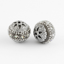 Намистини Індонезійські ручної роботи, Вставки Гірський Кришталь, Полімерна Глина з металом, Круглі, Колір: Сірий, Розмір: 19.5x20мм, Отвір 2 мм, (13WB12831)