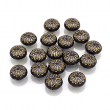 Намистини Акрилові "Париж", Плоскі Круглі, з Малюнком Металік Золото, Чорний, 16x10мм, Отвір 1.5мм, близько 17шт/25г, (13WB14338)