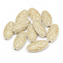 Намистини Акрилові "Париж" Овальні, з Малюнком Металік Золото, Бежевий, 39x20x7мм, Отвір 2мм, (13WB14396)