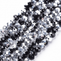 Намистини Скло з гальваніки, Грановані, Рондель, Серебристое напів, Колір: Чорний, 8х6мм, Отвір 1мм, близько 72шт / 44см / нитка, (13WB14656)