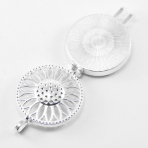 Кулон-Коробочка Квітка Круглий Плоский, з Металу, Колір: Срібло, Розмір: 44x33x10мм, Діаметр Усередині 30мм, Отвір 6x4мм, (13WB15024)