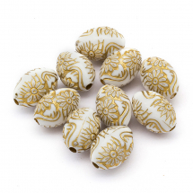 Намистини Акрилові "Париж" Овальні, з Малюнком Металік Золото, Колір: слонова кістка, Розмір: 16x10.5мм, Отвір 2мм, близько 26шт/25г (13WB15522)