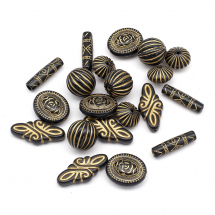 Koraliki Akrylowe "Paryż", z Wzorem Metalicznym Złotym, Mix Kształtów, Czarny, 10-30mm, 20szt (13WB16778)