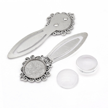 Zestaw Zakładek do Książek z Bazą na Kaboszon 20mm, Stop i Szkło, Antyczne Srebro, 81x31mm, 2sety (13WB24666)