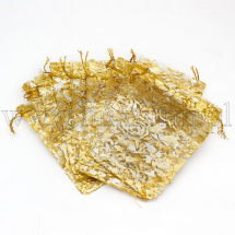 Подарунковий Мішечок з Органзи, Малюнок Квіти, Прозорий, Золотистий, 12x10см, (13WB24930)
