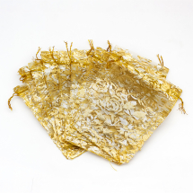 Подарунковий Мішечок із Органзи Малюнок Квіти Прозорий, Золотистий, 15x10см, (13WB24931)