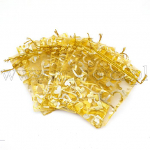 Подарунковий Мішечок з Органзи, Малюнок Серце, Прозорий, Золотистий, 14x10см, (13WB24936)