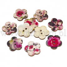 Guziki Ozdobne Drewniane, Barwione z Wzorem, Kwiatek, Mix, 24x2.5mm, 10szt (13WB25234)