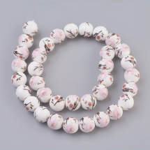 Koraliki Porcelanowe Handmade z Nadrukiem, Okrągłe, Różowe, 10~11mm, Otwór 2mm, około 33szt/32cm/nić (13WB27218)