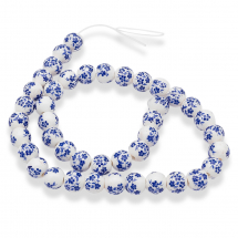 Koraliki Porcelanowe Handmade z Nadrukiem, Okrągłe, Niebieskie, 8-8.5mm, Otwór 2mm, około 39szt/31cm/sznur (13WB27220)