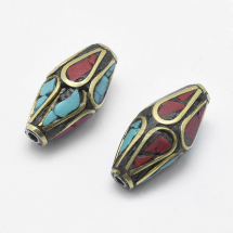 Koraliki Indonezyjskie z Mosiądzu, Koralu, Turkusu, 17-19x8-9mm, 2szt (13WB27228)