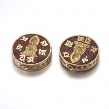 Намистини Індонезійські Ручної Роботи, Полімерна Глина та Латунь, Круглі Плоскі, Богиня Милосердя, Колір: Червоний, Розмір: 28х9мм, Отвір 2мм, (13WB27237)