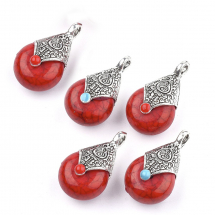 Підвіски зі Смоли та Сплаву, Емаль, Тибетський Стиль, Крапля, Колір: Червоний, Розмір: 28х16х14мм, Отвір 2~3.5мм, (13WB27268)