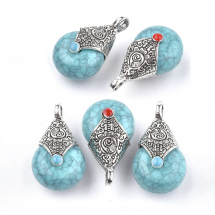 Zawieszki Żywica, Tybetański Styl, Stop i Emalia, Kropla, Kolor: Turkusowy, 28x16x14mm, 5szt (13WB27269)