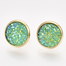 Сережки Пусети, Нержавіюча Сталь + Смола, Колір: Золото та Зелений, Розмір: 14мм, Штифт: 0.8мм, (13WB27866)