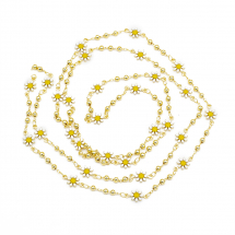 Ланцюг з Намистинами Ручна Робота, Латунь, Емаль, Паяна, Квітка, Стійке Покриття, Колір: Золото і Жовтий, Розмір: Намистини 3мм, Квітка: 13x7.5x2мм, (13WB28415)