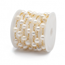 Ланцюг з Намистинами Натуральний Білий Річковий Перли 6-7мм, Ручна Робота, Латунь, Стійка Позолота 18К, 1м/нитка, (13WB28428)