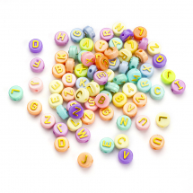 Намистини Акрилові Літери, Плоскі Круглі з Металевими Буквами Колір: Намистини Мікс, Букви Золото, Розмір: 10х6мм, Отвір 2мм, близько 77шт/25г, (13WB28631)