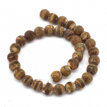 Намистини Натуральний Агат Дзи, Смугастий, Круглі, Пофарбовані, На нитках, Колір: Коричневий, Розмір: 6мм, Отвір 2мм, 32шт / 20см / нитка, (13WB21584)