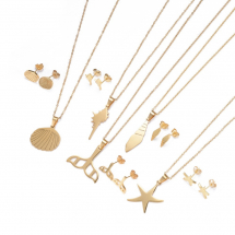 Набір Океан Ланцюжок з Кулоном та Сережки-Гвоздики, Нержавіюча Сталь, Золото, 45см, 5 комплектів/набір, (13WB22581)