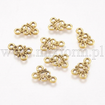 Łącznik Serce, 3 Otwory, Stop, Kolor: Antyczne Złoto, 15x11x2mm, Otwór 2mm, do dżetów 1-2mm, 20szt (5WB1025)