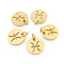 Підвіска Кулон Кругла Нержавіюча Сталь, Знак Зодіаку Риби, Золото, 12х1мм, Отвір 3мм, (13WB23760)