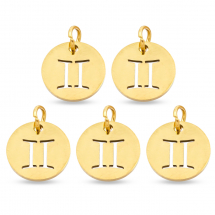 Підвіска Кулон Кругла Нержавіюча Сталь, Знак Зодіаку Близнюки, Золото, 12х1мм, Отвір 3мм, (13WB23767)