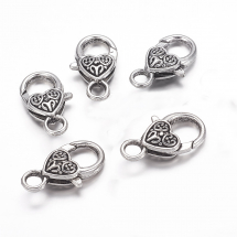 Zapięcie Karabinek-Lobster, Stop, Serce, Antyczne Srebro, 25.5x14x6mm, Otwór 4mm, 5szt (13WB28140)