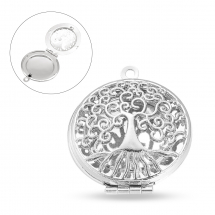 Медальйон Кулон-Коробочка з Латуні Круглий з Деревом, Платина, 32x27x8.5-9мм, Отвір 1.5-2мм, (13WB20747)